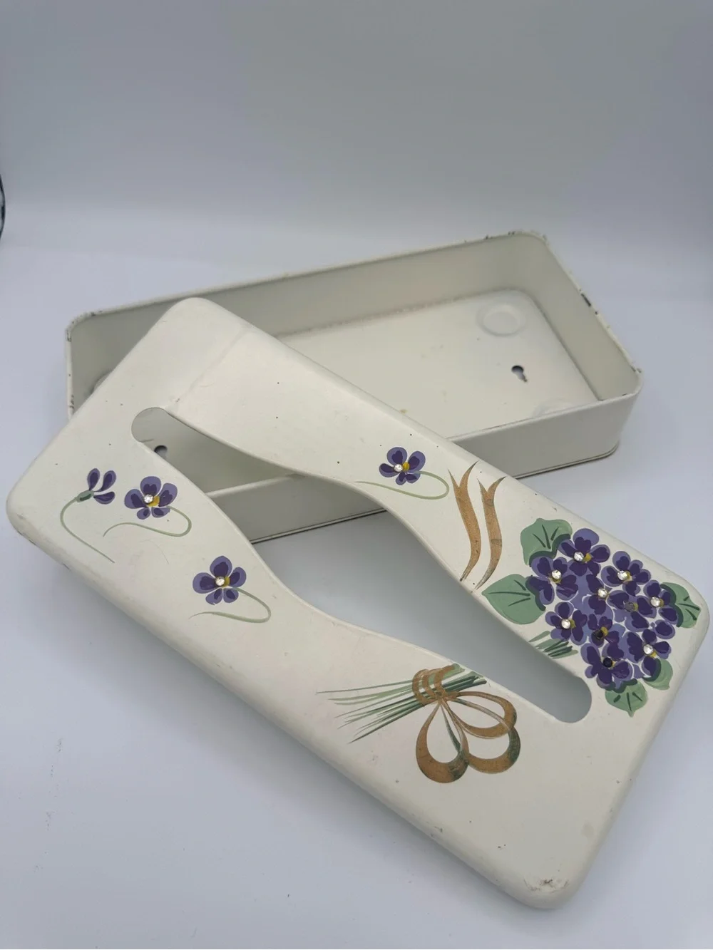 Vtg Mid Century Metal Tissue Box Holder Hand Painted Purple Floral Cottagecore